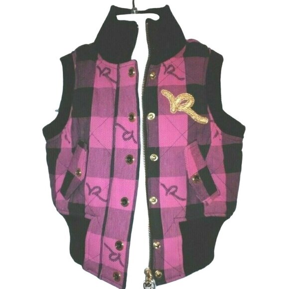 Roca Wear Girls Zip Front Quilted Vest Size 4 Pink Black Plaid - Picture 1 of 11